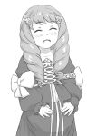  1girl ^_^ closed_eyes fire_emblem fire_emblem:_three_houses greyscale hand_on_own_stomach kuhuku006f86 monochrome open_mouth pregnant smile solo 