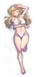 1girl 2021 artist_name bare_arms bare_legs bare_shoulders barefoot bikini blonde_hair blush breasts closed_eyes commission dakimakura_(medium) dated fletcher_(kancolle) full_body highres ittokyu kantai_collection large_breasts long_hair navel side_bun signature simple_background solo swimsuit white_background white_bikini 