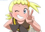  1girl artist_name blonde_hair blue_eyes blush bonnie_(pokemon) brown_shirt commentary_request dated eyelashes fingernails grin hand_up kibisakura2 leaning_forward looking_at_viewer one_eye_closed pokemon pokemon_(anime) pokemon_xy_(anime) ribbon shirt simple_background sleeveless smile solo teeth v white_background 
