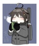  1girl :o ahoge bangs blush brown_hair chagen_kokimu chibi closed_eyes coat cup disposable_cup fur_trim green_tea grey_coat hair_flaps hair_ornament holding holding_cup kantai_collection long_hair mittens open_mouth remodel_(kantai_collection) rigging shigure_(kancolle) solo steam tea upper_body 