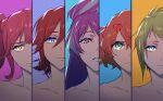  5girls bare_shoulders blue_eyes collarbone column_lineup freyja_wion green_eyes green_hair hair_between_eyes hair_bun hair_ornament head_tilt heart heart_hair_ornament highres kaname_buccaneer long_hair macross macross_delta makina_nakajima mikumo_guynemer mosako multicolored_hair multiple_girls orange_hair parted_lips pink_hair purple_eyes red_eyes red_hair reina_prowler short_hair streaked_hair walkure_(macross_delta) yellow_eyes 