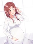  1girl alternate_costume back blush breasts brown_eyes brown_hair dress hand_in_hair highres long_hair looking_at_viewer medium_breasts minna-dietlinde_wilcke miyu_(lovesickness) pregnant smile solo strike_witches white_dress world_witches_series 