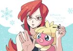  1girl bangs commentary_request dated elite_four eyelashes fingernails gen_2_pokemon glasses hands_up holding long_hair lorelei_(pokemon) makeup_brush nail_polish nibo_(att_130) orange_hair parted_lips pokemon pokemon_(creature) pokemon_(game) pokemon_frlg sidelocks sleeveless smoochum translation_request upper_body 