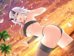  1girl armpits ass bare_shoulders beach bikini black_bikini blue_eyes breasts cleavage cloud cloudy_sky crossover dusk dutch_angle flower hand_up headgear large_breasts looking_at_viewer ninja ocean official_art open_mouth petals queen&#039;s_blade red_flower senran_kagura senran_kagura_new_link shizuka_(queen&#039;s_blade) short_hair silver_hair sky solo swimsuit v wading wet yaegashi_nan 