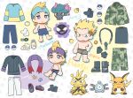  2boys barefoot boots camouflage camouflage_jacket camouflage_pants character_name commentary_request devanohundosi electabuzz equipment_layout fog_badge gastly gen_1_pokemon gloves great_ball headband jacket magnemite male_focus morty_(pokemon) multiple_boys multiple_views pants poke_ball pokemon pokemon_(creature) pokemon_adventures purple_headband purple_scarf raichu scarf shirt shoes socks surge_(pokemon) sweater white_footwear white_legwear white_pants 