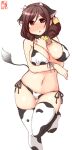  1girl alternate_costume animal_ears animal_print artist_logo bikini blush breasts brown_hair commentary_request covered_nipples cow_ears cow_horns cow_print cow_tail cowboy_shot dated drill_hair ear_tag fake_animal_ears fake_horns front-tie_top harukaze_(kancolle) highres horns kanon_(kurogane_knights) kantai_collection large_breasts long_hair looking_at_viewer nose_blush one-hour_drawing_challenge red_eyes side-tie_bikini simple_background solo standing standing_on_one_leg swimsuit tail thigh_gap thighhighs twin_drills white_background white_bikini white_legwear 