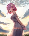  1girl bare_shoulders dress fate/grand_order fate_(series) flower gloves hair_flower hair_ornament highres looking_at_viewer looking_back mash_kyrielight off-shoulder_dress off_shoulder open_mouth outdoors pink_hair popuru purple_eyes short_hair sky smile white_dress white_gloves 