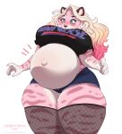  2020 5_fingers anthro belly big_belly big_breasts blonde_hair blue_eyes blush bottomwear breasts clothed clothing curvy_figure felid female fingers fishnet fishnet_legwear fur hair hi_res highlights_(coloring) hotpants huge_breasts legwear long_hair mammal marzipan_(spottedtigress) midriff pantherine pink_highlights portrait pregnant shirt shorts signature simple_background solo spottedtigress squish striped_body striped_fur stripes text thick_thighs thigh_highs thigh_squish three-quarter_portrait tiger topwear url voluptuous white_background wide_hips 