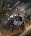  1girl 2boys absurdres black_hair blonde_hair bodysuit cape erwin_smith facial_mark glasses hange_zoe highres levi_(shingeki_no_kyojin) multiple_boys night shingeki_no_kyojin short_hair standing thisuserisalive three-dimensional_maneuver_gear what_if 