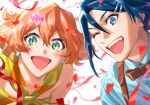  1boy 1girl blue_eyes blue_hair blue_shirt blush bow bowtie brown_neckwear close-up collarbone collared_shirt dress freyja_wion glowing green_dress green_hair hair_between_eyes hayate_immelmann highres looking_at_viewer macross macross_delta mosako one_eye_closed open_mouth orange_hair shirt 