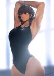  1girl armpits arms_up bangs black_hair blurry blurry_background breasts brown_eyes competition_swimsuit cowboy_shot dark_skin dark_skinned_female facing_viewer medium_breasts medium_hair muscular muscular_female one-piece_swimsuit original solo swimsuit takebouzu wet 