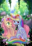  2015 accessory arthropod butterfly cbreturn cloud cutie_mark day detailed_background duo equid equine feathered_wings feathers female feral flower flower_in_hair fluttershy_(mlp) friendship_is_magic grass green_eyes hair hair_accessory hasbro hi_res insect leaf lepidopteran long_hair mammal multicolored_hair my_little_pony one_eye_closed open_mouth open_smile pegasus pink_hair plant purple_eyes rainbow_dash_(mlp) rock sitting smile wings wink 
