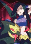  1girl black_hair crop_top dated devanohundosi frontier_brain gen_3_pokemon gloves long_hair lucy_(pokemon) midriff multicolored_hair pants parted_lips pokemon pokemon_(creature) pokemon_(game) pokemon_emerald pokemon_rse purple_gloves red_eyes red_hair seviper smile translation_request two-tone_hair 