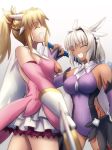  2girls animal_ears ascot bangs bare_shoulders blonde_hair braid breasts caenis_(fate) cape closed_eyes cosplay dark_skin dark_skinned_female detached_sleeves dress elbow_gloves fate/apocrypha fate/grand_order fate/kaleid_liner_prisma_illya fate_(series) feathers french_braid gloves hair_feathers hair_ornament hair_scrunchie highres holding holding_wand kaleidostick large_breasts layered_gloves leotard long_hair magical_girl magical_ruby magical_sapphire migiha miyu_edelfelt miyu_edelfelt_(cosplay) mordred_(fate) mordred_(fate)_(all) multiple_girls open_mouth parted_bangs pink_dress pink_gloves ponytail prisma_illya prisma_illya_(cosplay) purple_leotard purple_sleeves scrunchie sidelocks skirt smile thighs two_side_up wand white_cape white_gloves white_hair white_skirt yellow_neckwear 