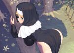  1girl against_tree ass bangs bent_over blonde_hair blue_eyes blush breasts capelet grass habit hanging_breasts huge_breasts impossible_clothes looking_at_viewer looking_back nun original sakimori_dan short_hair side_slit smile solo tree 