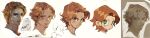  1boy absurdres art_shift brown_hair chibi cross_scar earrings extra_pupils facial_hair green_eyes highres jewelry looking_at_viewer male_focus multiple_views original pigeon666 realistic scar scar_on_cheek scar_on_face scar_on_forehead scar_on_mouth short_hair smile stubble 