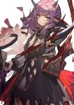  1girl arknights bag blush demon_girl demon_horns highres holding holding_weapon horns knife lava_(arknights) looking_back purgatory_(arknights) purple_eyes purple_hair skirt solo torn_clothes torn_skirt weapon yurooe 