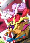  2014 accessory apple_bloom_(mlp) armor barn cbreturn cutie_mark_crusaders_(mlp) detailed_background earth_pony equid equine eyes_closed feathered_wings feathers female feral friendship_is_magic group hair hair_accessory hair_bow hair_ribbon happy hasbro headgear helmet hi_res horn horse mammal motion_blur multicolored_hair my_little_pony orange_eyes pegasus pony purple_eyes purple_hair red_hair ribbons scootaloo_(mlp) scooter smile sweetie_belle_(mlp) teeth unicorn wings 