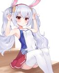  1girl 2drr :o animal_ears armpits arms_up azur_lane bangs bare_arms bare_shoulders blush breasts bunny_ears camisole collarbone commentary_request covered_navel eyebrows_visible_through_hair feet_out_of_frame hair_between_eyes hairband highres knees_up laffey_(azur_lane) long_hair looking_at_viewer parted_lips pleated_skirt red_eyes red_hairband red_skirt sidelocks silver_hair simple_background sitting skirt small_breasts solo thighhighs twintails very_long_hair white_background white_camisole white_legwear 