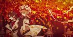  2girls absurdres arm_ribbon ascot autumn_leaves bangs blonde_hair bow brown_hair clenched_hand closed_fan detached_sleeves dress eyebrows_visible_through_hair falling_leaves fan folding_fan frilled_hair_tubes frills from_side gohei hair_between_eyes hair_bow hair_tubes hair_up hakurei_reimu hat hat_ribbon highres holding holding_fan holding_stick leaf long_hair long_skirt long_sleeves looking_away maple_leaf mob_cap multiple_girls nail_polish open_mouth ouka_musci outdoors purple_eyes purple_nails purple_neckwear red_bow red_eyes red_shirt red_skirt ribbon ribbon-trimmed_sleeves ribbon_trim shirt sidelocks skirt sleeveless sleeveless_shirt stick stone_lantern tabard tied_hair touhou tree white_dress wide_sleeves wind wind_lift yakumo_yukari 