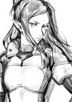  1girl absurdres bangs breasts greyscale hair_behind_ear hand_on_hip highres long_hair macross macross_delta medium_breasts mirage_farina_jenius monochrome mosako parted_bangs parted_lips pilot_suit pointy_ears short_ponytail sketch solo tied_hair white_background 