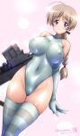  1girl blue_eyes blush braid breasts brown_hair closed_mouth covered_navel covered_nipples green_leotard gun highleg highleg_leotard holding holding_gun holding_weapon kamogawa_tanuki large_breasts leotard long_hair looking_at_viewer lynette_bishop shiny shiny_hair shiny_skin single_braid skin_tight smile solo standing strike_witches striped striped_legwear thighhighs weapon world_witches_series 