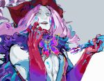  1boy aves_plumbum9 blood blood_on_chest bloody_hair bloody_hands bloody_weapon blue_blood blue_eyes blue_lips bug butterfly butterfly_ornament cape center_opening colored_skin crazy crazy_eyes curly_hair demon_boy fangs fate/grand_order fate_(series) fur-trimmed_cape fur_collar fur_trim hat headpiece horns insect makeup male_focus medium_hair mephistopheles_(fate) multicolored multicolored_eyes open_mouth pectorals purple_eyes purple_hair scissors shaded_face signature simple_background solo teardrop teeth thick_eyebrows toned toned_male unzipped weapon white_background white_skin 