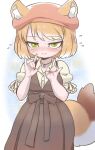  1girl alternate_costume animal_ears beige_shirt beret blush brown_dress casual collared_shirt commentary_request cowboy_shot dress embarrassed extra_ears fox_ears fox_girl fox_shadow_puppet fox_tail green_eyes hat highres jewelry kemono_friends kuro_(kurojill) light_brown_hair looking_at_viewer multicolored_hair necklace puffy_short_sleeves puffy_sleeves red_headwear shirt short_hair short_sleeves solo tail tibetan_sand_fox_(kemono_friends) two-tone_hair white_shirt 