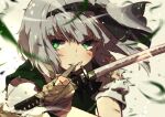  applying_bandages bandaged_hands bandages bangs black_bow black_hairband black_neckwear black_ribbon blurry blurry_foreground bow bowtie commentary dust floating_hair glint green_eyes green_vest grey_hair hair_ribbon hairband hand_up holding holding_sword holding_weapon kaazu katana konpaku_youmu light_particles looking_to_the_side motion_blur mouth_hold portrait ribbon scrape serious shirt short_hair short_sleeves sidelocks silver_hair sword teeth_hold torn_clothes torn_sleeves touhou tying v-shaped_eyebrows vest weapon white_shirt wind 