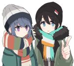  2girls beanie black_hair blue_eyes blue_hair fur-trimmed_jacket fur_trim hat jacket multiple_girls purple_eyes saitou_ena scarf shima_rin shiroshi_(denpa_eshidan) simple_background white_background winter_clothes yurucamp 