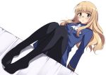  1girl :o ascot bad_id bad_twitter_id bangs bed_sheet blonde_hair blue_jacket blunt_bangs blush dutch_angle eyebrows_visible_through_hair glasses jacket long_hair long_sleeves looking_at_viewer military military_uniform no_pants on_bed paburisiyasu panties panties_under_pantyhose pantyhose parted_lips perrine_h_clostermann rimless_eyewear sitting solo strike_witches underwear uniform white_neckwear world_witches_series yellow_eyes 