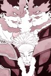  3boys beard ben_(ahan_uhun_345) between_pecs blush bodysuit boku_no_hero_academia boy_sandwich clone covered_abs facial_hair fire hawks_(boku_no_hero_academia) head_between_pecs highres male_focus mature_male monochrome multiple_boys muscular muscular_male mustache pectorals sandwiched short_hair sideburns spiked_hair todoroki_enji upper_body wide-eyed yaoi 