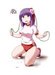  1girl bangs bare_legs blunt_bangs bob_cut breasts buruma commentary_request eyebrows_visible_through_hair flower gym_shirt gym_uniform hair_flower hair_ornament hieda_no_akyuu jump_rope kousei_(public_planet) medium_breasts one_knee purple_eyes purple_hair red_buruma red_footwear shirt shoes short_hair short_sleeves simple_background sneakers socks solo sweat touhou white_background white_legwear 