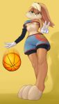  2021 anthro arm_warmers armwear ball barefoot basketball_(ball) bike_shorts biped blonde_hair bottomwear breasts brown_body brown_fur buckteeth clothed clothing countershade_fur countershade_torso countershading feet female fur gesture gloves green_eyes hair half-closed_eyes handwear hi_res lagomorph leporid lola_bunny looking_at_viewer looney_tunes low-angle_view mammal midriff motion_blur multicolored_body multicolored_fur narrowed_eyes pencils_(artist) rabbit shorts simple_background small_waist solo standing tan_body tan_countershading tan_fur teeth tied_ears two_tone_body two_tone_fur under_boob v_sign warner_brothers wide_hips yellow_background 
