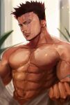  1boy abs bara bare_pecs beard blue_eyes boku_no_hero_academia embers facial_hair head_tilt large_pectorals looking_at_viewer male_focus mature_male mm39572 muscular muscular_male navel nipples open_clothes open_shirt red_hair scar scar_across_eye shiny shiny_skin short_hair sideburns solo spiked_hair stubble sweat todoroki_enji undressing upper_body 