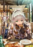  1girl armor bangs black_gloves blush bottle breasts eating fingerless_gloves food gloves green_eyes hair_ornament hair_scrunchie highres large_breasts long_hair looking_at_viewer open_mouth original ponytail ran&#039;ou_(tamago_no_kimi) scrunchie silver_hair sitting solo_focus sword table weapon 