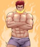  1boy arm_hair bara beard blue_eyes boku_no_hero_academia boxer_briefs bulge chest_hair cowboy_shot crossed_arms erection erection_under_clothes facial_hair fire grey_male_underwear highres large_pectorals male_focus male_underwear mature_male muscular muscular_male navel_hair red_hair rekkinj scar scar_across_eye short_hair sideburns solo spiked_hair stubble thick_thighs thighs todoroki_enji underwear underwear_only 