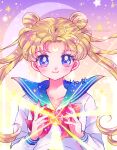  1girl bishoujo_senshi_sailor_moon blonde_hair blue_eyes blue_sailor_collar bow brooch closed_mouth collarbone crescent crescent_facial_mark double_bun facial_mark forehead_mark heart heart_in_eye hoshikuzu_(milkyway792) jewelry juuban_middle_school_uniform long_hair looking_at_viewer multicolored multicolored_background red_bow repost_notice sailor_collar school_uniform shirt signature smile solo star_(symbol) symbol_in_eye tsukino_usagi twintails upper_body white_shirt 
