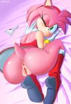  absurd_res amy_rose anthro anus big_butt blush bottomwear butt captainjingo clothing eulipotyphlan female genitals green_eyes hedgehog hi_res looking_at_viewer looking_back mammal one_eye_closed panties pussy skirt solo sonic_the_hedgehog_(series) underwear 