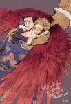  2021 2boys blonde_hair blue_eyes bodysuit boku_no_hero_academia couple facial_hair feathered_wings feet_out_of_frame hawks_(boku_no_hero_academia) hug large_pectorals lying male_focus mature_male multiple_boys muscular muscular_male on_back red_hair red_wings scar scar_across_eye short_hair sideburns spiked_hair spread_wings stubble todoroki_enji torio_(torrie_skm) wings yaoi 