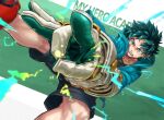  1boy 4o080_yotabnc action black_shorts boku_no_hero_academia clenched_teeth commentary_request copyright_name elbow_gloves flick freckles gloves green_background green_eyes green_gloves green_hair green_shirt highres hood hood_down hoodie male_focus midoriya_izuku red_footwear shirt shorts solo sparks spiked_hair teeth two-tone_background two-tone_gloves white_background white_gloves 