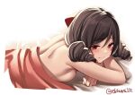  1girl back bare_back bare_shoulders blush bow breasts brown_hair drill_hair ebifurya hair_bow harukaze_(kancolle) kantai_collection large_breasts looking_at_viewer lying on_stomach red_bow red_eyes sideboob smile solo twin_drills white_background 