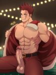  1boy ajb11 alternate_costume bara bare_pecs beard blue_eyes boku_no_hero_academia christmas erection facial_hair feet_out_of_frame hat highres jacket large_pectorals male_focus mature_male muscular muscular_male navel navel_hair nipples open_clothes open_jacket pants penis red_hair red_jacket red_pants santa_costume santa_hat scar scar_across_eye short_hair sideburns solo spiked_hair spread_legs stubble testicles thick_thighs thighs todoroki_enji uncensored veins veiny_penis 