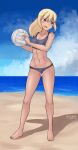  1girl 2020 abs absurdres artist_name ass_visible_through_thighs beach_volleyball bikini black_eyes blonde_hair blue_sky bookmarkahead breasts cleavage cloud dated groin_tendon highres horizon marian_e_carl navel ocean sand shadow sky solo swimsuit world_witches_series 