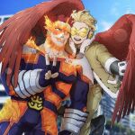  2boys armor beard blonde_hair blue_bodysuit blue_eyes bodysuit boku_no_hero_academia bulge couple cowboy_shot facial_hair feathered_wings fire flying hawks_(boku_no_hero_academia) head_to_head highres large_pectorals mahoubin_(totemo_hot_dayo) male_focus mature_male multiple_boys muscular muscular_male pauldrons pout red_hair red_wings scar scar_across_eye selfie short_hair shoulder_armor skin_tight smile spiked_hair spread_wings thighs todoroki_enji v wings yaoi 