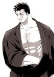  1boy bara bare_pecs boku_no_hero_academia chest_hair cowboy_shot facial_hair greyscale haruto_(hit23ewluvnpfo6) highres japanese_clothes kimono large_pectorals male_focus mature_male monochrome muscular muscular_male open_clothes open_kimono scar scar_across_eye short_hair sideburns solo spiked_hair stubble todoroki_enji 