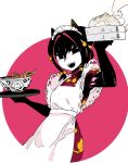  1girl :d animal_ears apron black_eyes black_hair bowl cat_ears china_dress chinese_clothes colored_skin dress food_request hair_between_eyes hand_up holding holding_tray kokubunji_suou kuroi_moyamoya looking_at_viewer maid_apron maid_headdress mechanical_ears medium_hair mole mole_under_mouth open_mouth original red_dress sharp_teeth smile solo standing teeth tray white_apron white_skin 