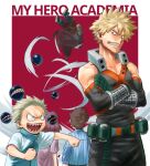  4o080_yotabnc 5boys bakugou_katsuki belt blonde_hair boku_no_hero_academia bracer brown_hair clenched_teeth commentary_request copyright_name crossed_arms explosive gauntlets grenade highres male_focus multiple_boys open_mouth red_background red_eyes red_hair sharp_teeth sneer spiked_hair tamashiro_(boku_no_hero_academia) teeth two-tone_background upside-down visible_air white_background white_hair yoarashi_inasa zipper zipper_pull_tab 