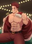  1boy ajb11 alternate_costume bara bare_pecs beard blue_eyes boku_no_hero_academia bulge christmas facial_hair feet_out_of_frame hat highres jacket large_pectorals male_focus mature_male muscular muscular_male navel navel_hair nipples open_clothes open_jacket pants red_hair red_jacket red_pants santa_costume santa_hat scar scar_across_eye short_hair sideburns solo spiked_hair spread_legs stubble thick_thighs thighs todoroki_enji veins 
