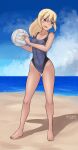  1girl 2020 abs absurdres artist_name ass_visible_through_thighs beach_volleyball black_eyes blonde_hair blue_sky bookmarkahead cloud covered_navel dated groin_tendon highres horizon marian_e_carl navel ocean one-piece_swimsuit sand shadow sky solo swimsuit world_witches_series 